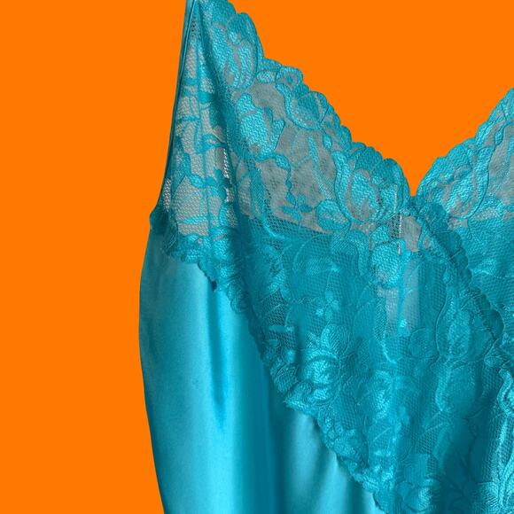 90's 00's vintage blue satin 100% polyester sheer floral lace y2K slip dress M - Picture 5 of 8